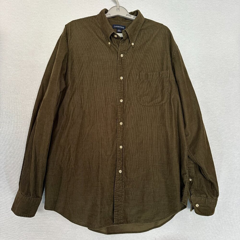 LANDS' END MEN'S LONG SLEEVE BUTTON-DOWN SHIRT OLIVE CORDUROY MATERIAL 17-17.5 - Picture 1 of 8